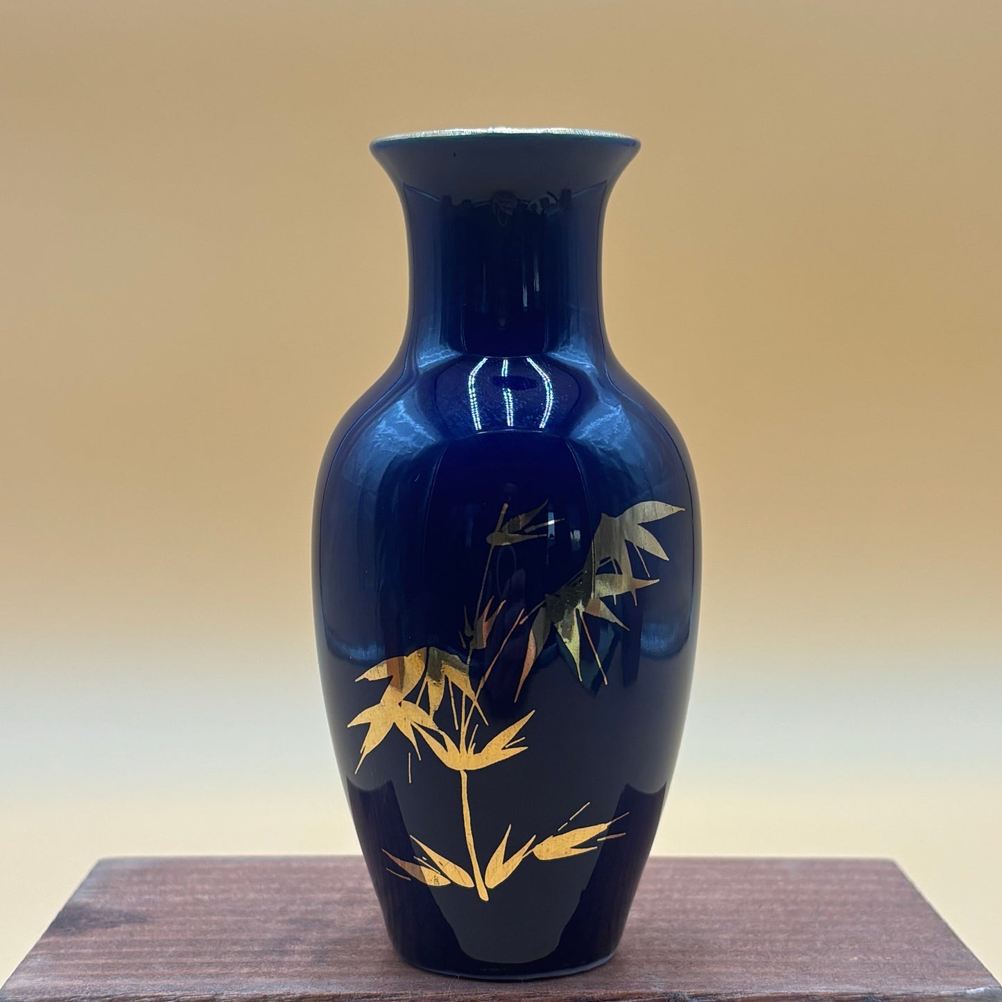Vintage Cobalt Blue Vase with Gold Bamboo Design β 4.5β Tall
