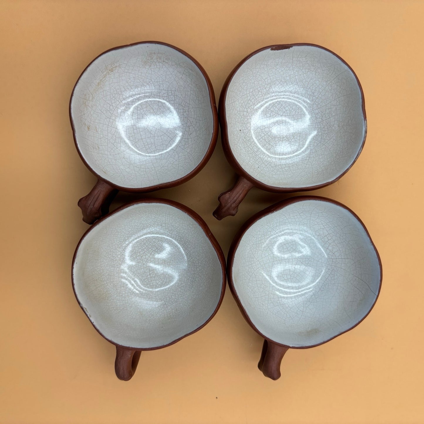 Antique Chinese Yixing-Style Red Clay Teapot Set β 4 Fair Cups & 4 Saucers with Etched Characters