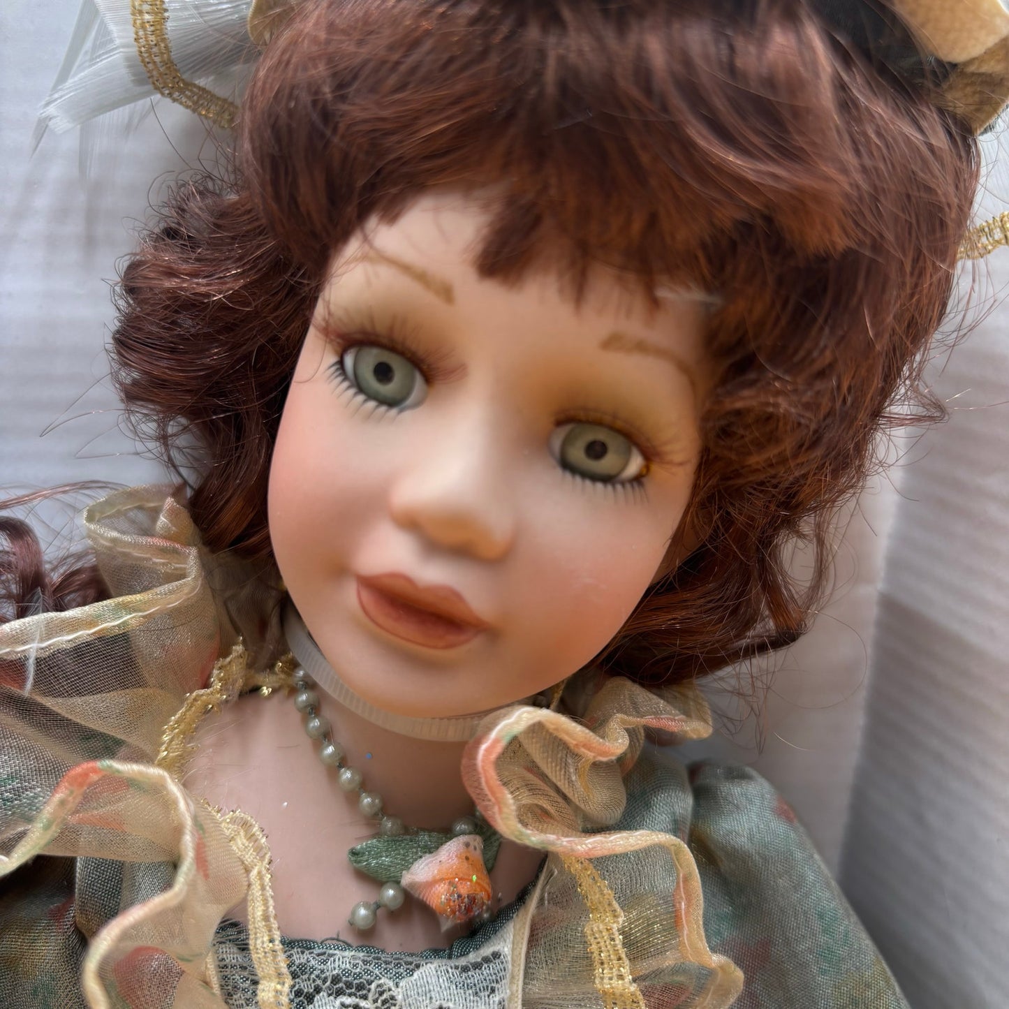 Vintage Porcelain Doll in Sage Green & Gold Dress 12"