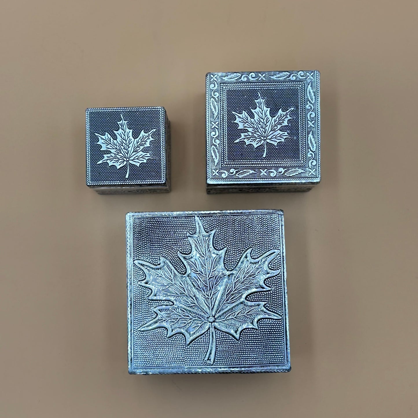 Handcrafted Silver-Toned Maple Leaf Trinket Box Set – 3 Sizes