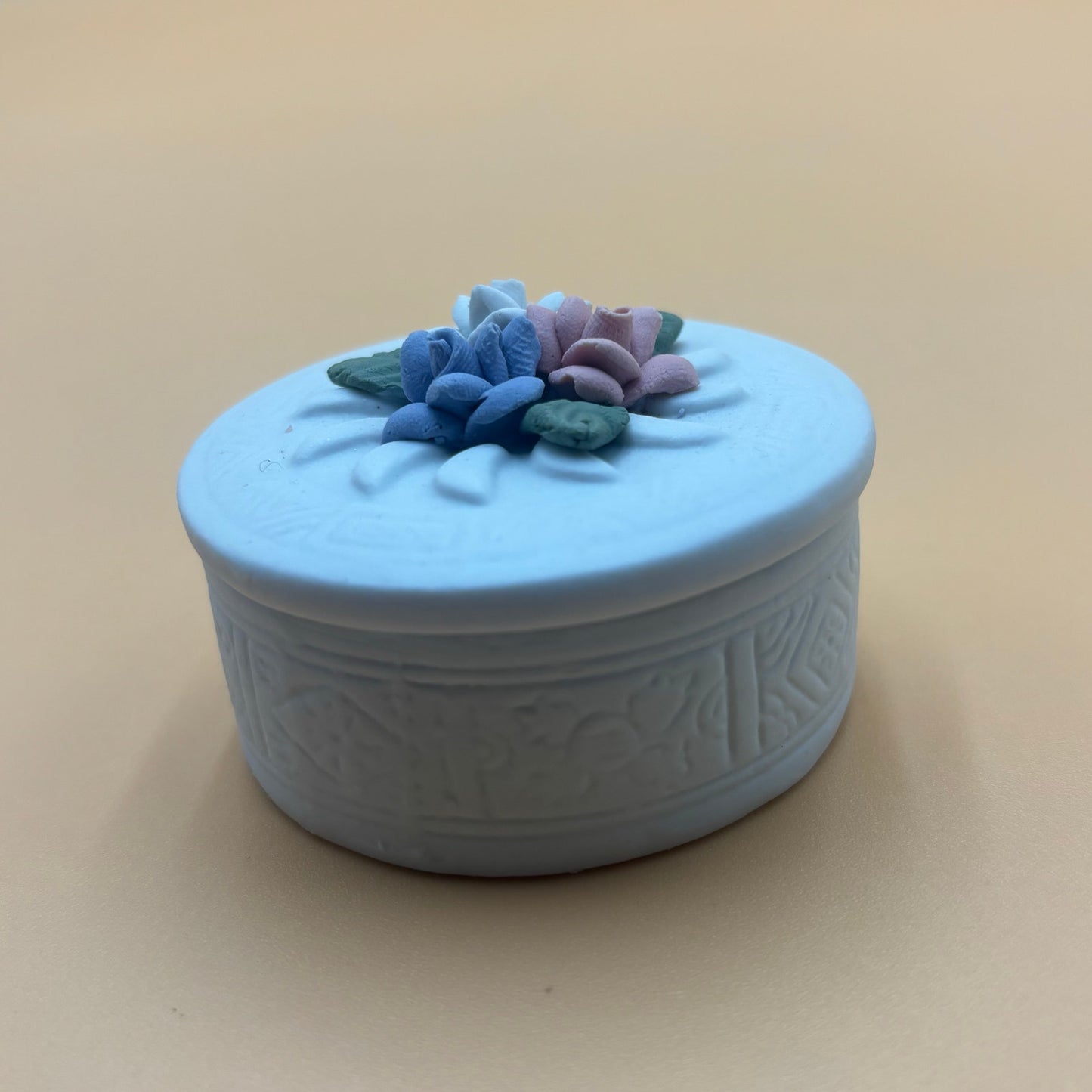 Vintage 1990s Porcelain Trinket Box β Floral Detail β Blue, Pink & White Flowers