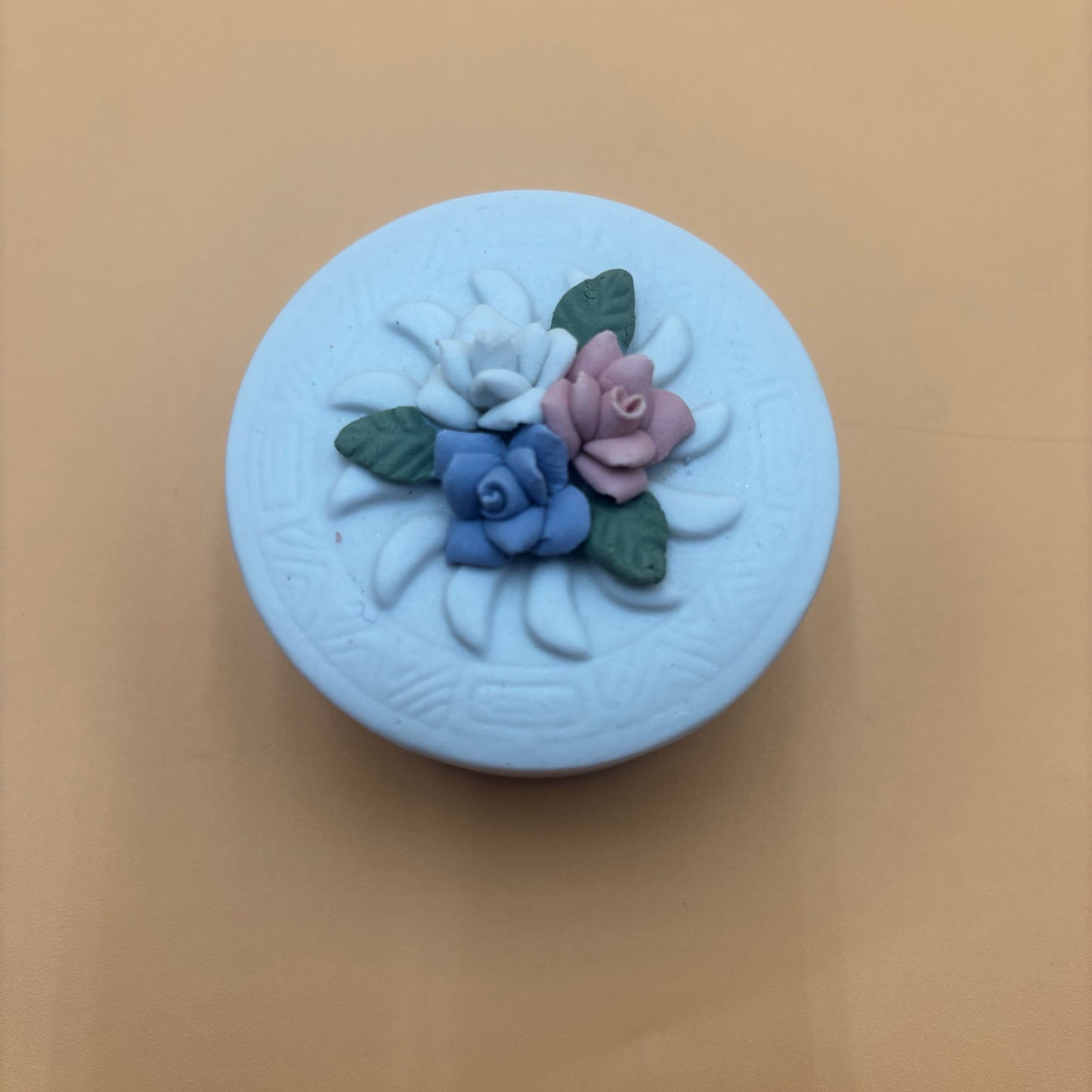 Vintage 1990s Porcelain Trinket Box β Floral Detail β Blue, Pink & White Flowers