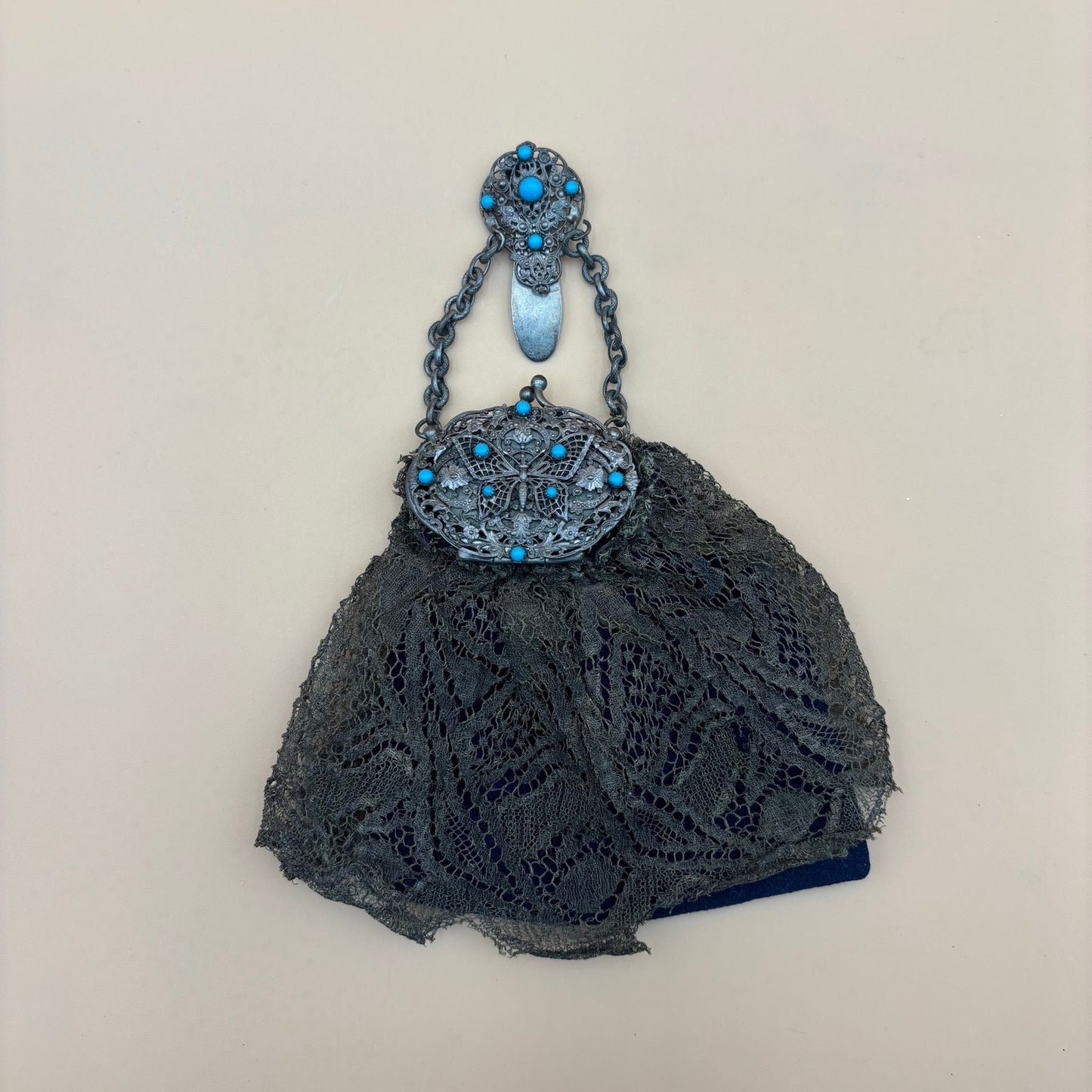 Antique Clip-On Purse with Mirror β Olive Green Lace & Blue Cloth Lining