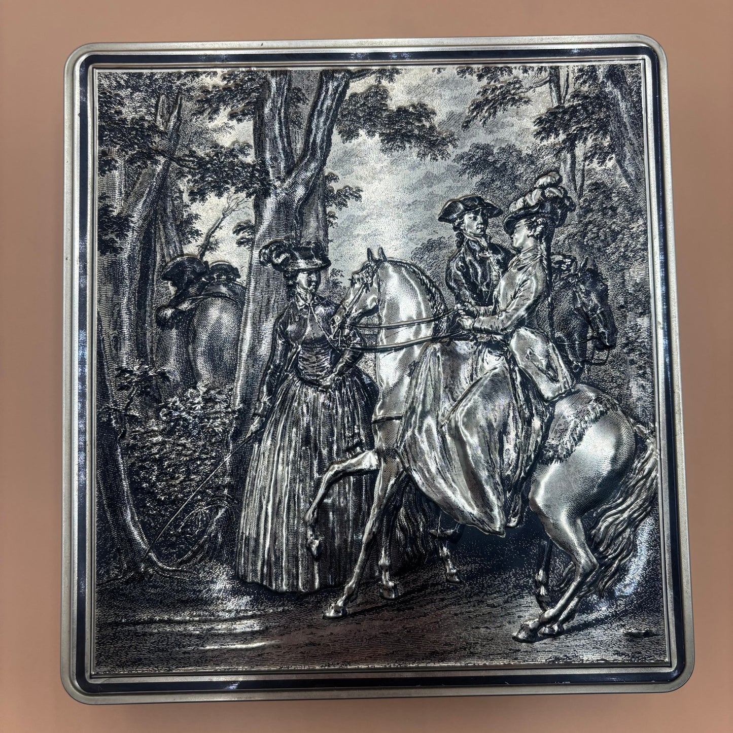 VTG French Victorian Biscuit Tin - Gold Embossed Scene