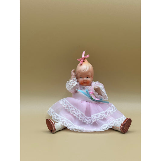 Fragile Doll with Movable Parts 6.5" - Made in Japan, Pink Dress with Bow Ornament