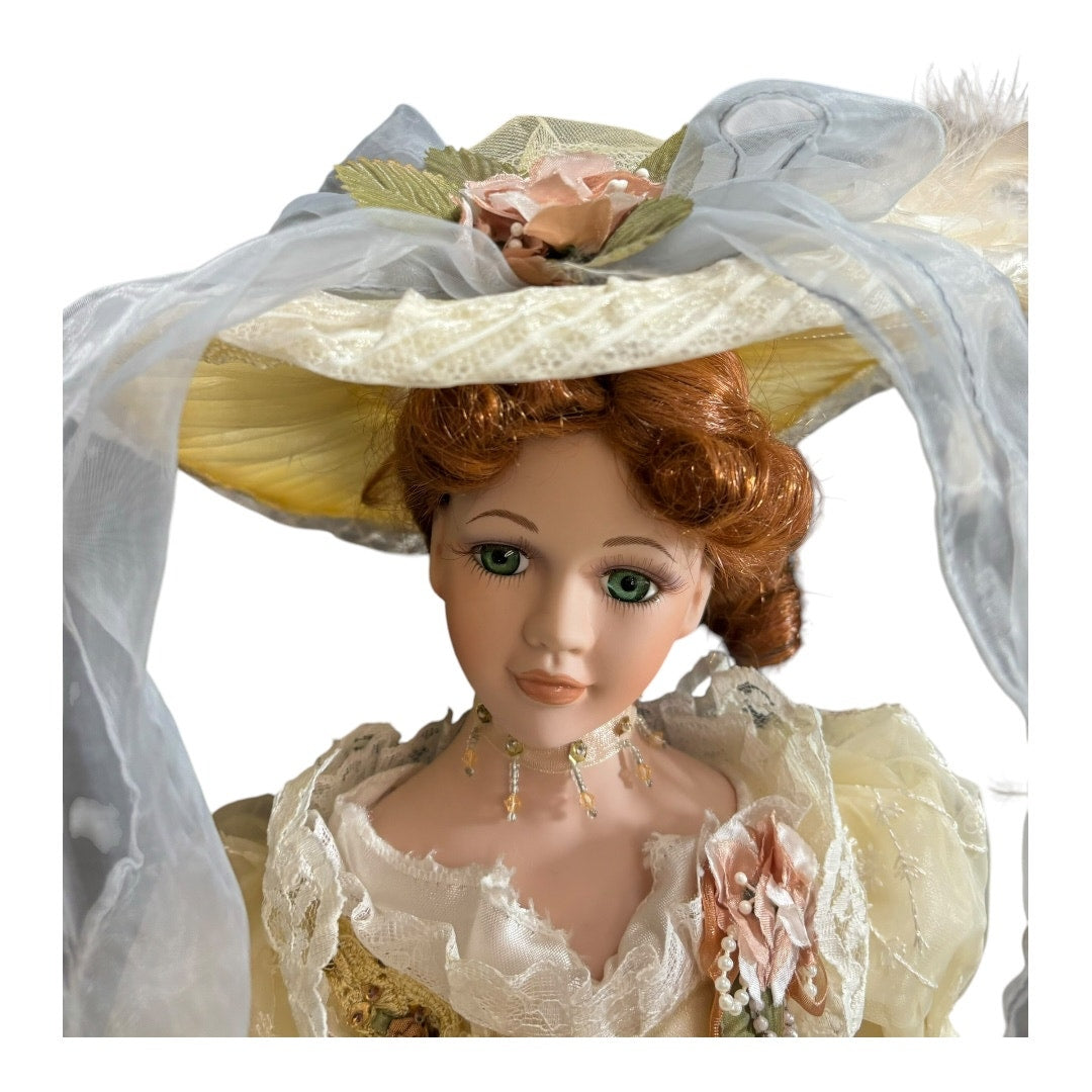 📦 VTG Victorian Style 21" Porcelain Doll - Yellow Ball Gown with Parasol