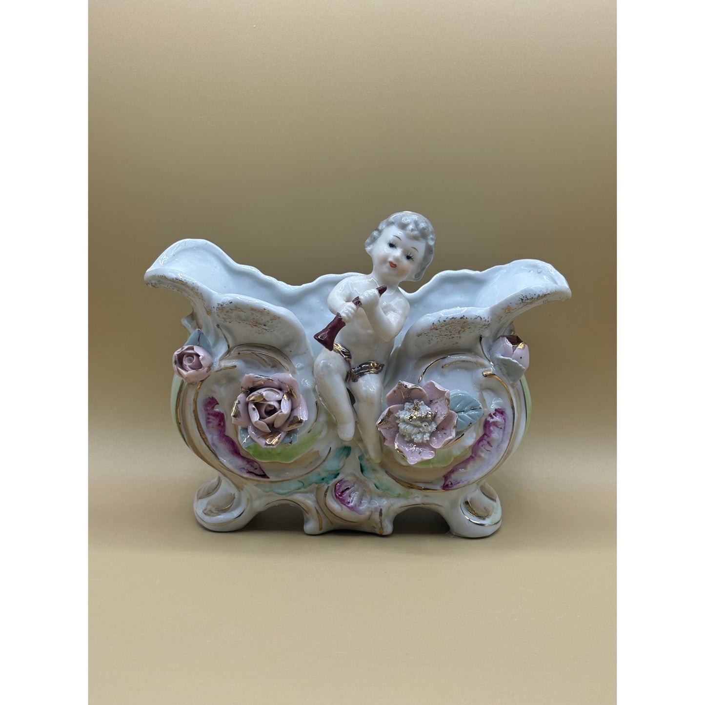 Victorian Cherub Porcelain Planter with Roses