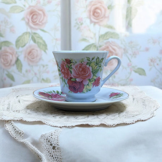 Vintage Pink Rose Flower Tea Cup Saucer Set Home Decor Collectible