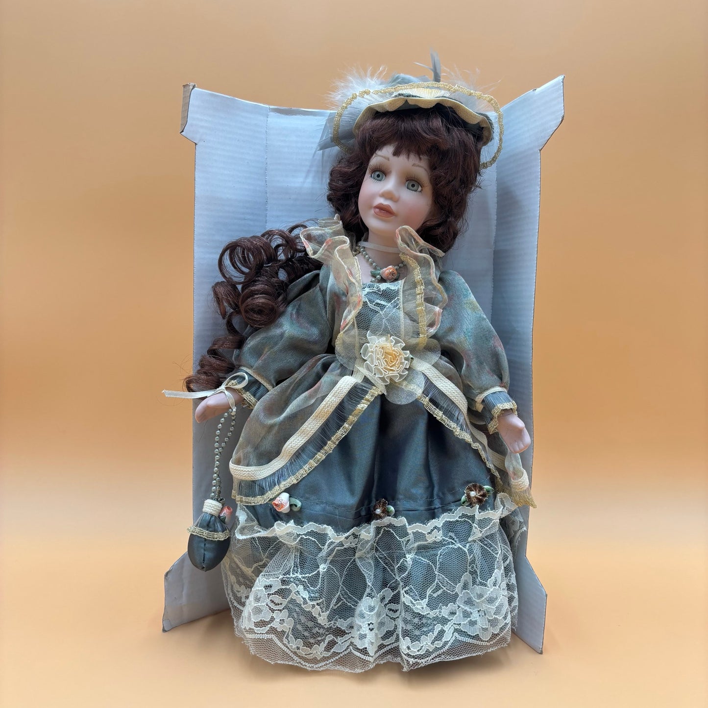 Vintage Porcelain Doll in Sage Green & Gold Dress 12"