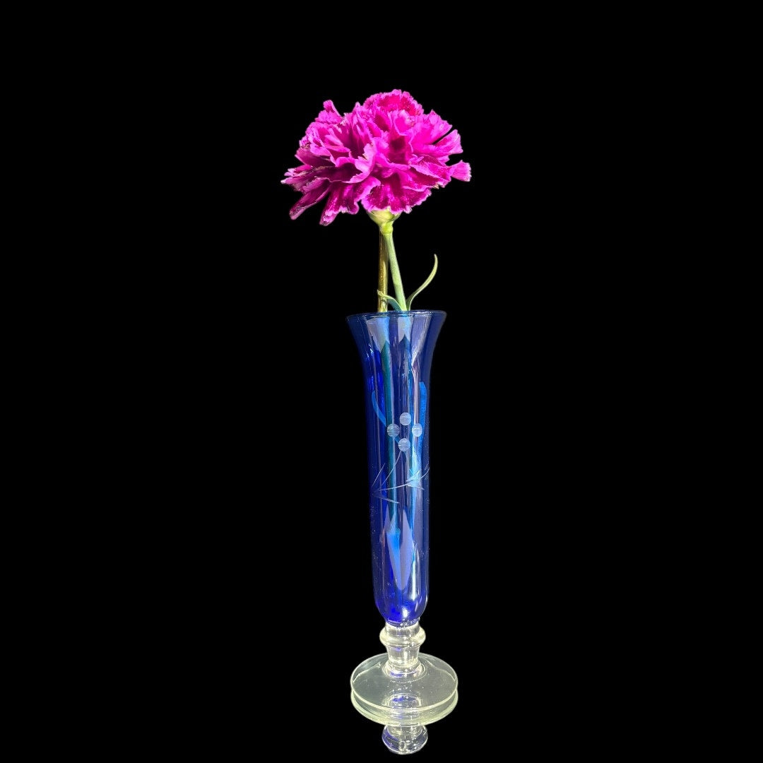 Vintage Cobalt Blue Bud Vase - Etched Berries & Leaves Design 8 In.