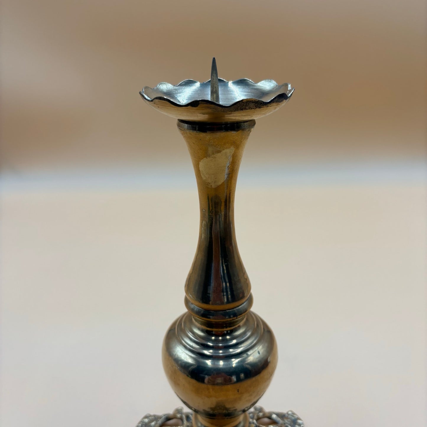 Vintage Brass Ornate Spike Candlestick Holder 10"