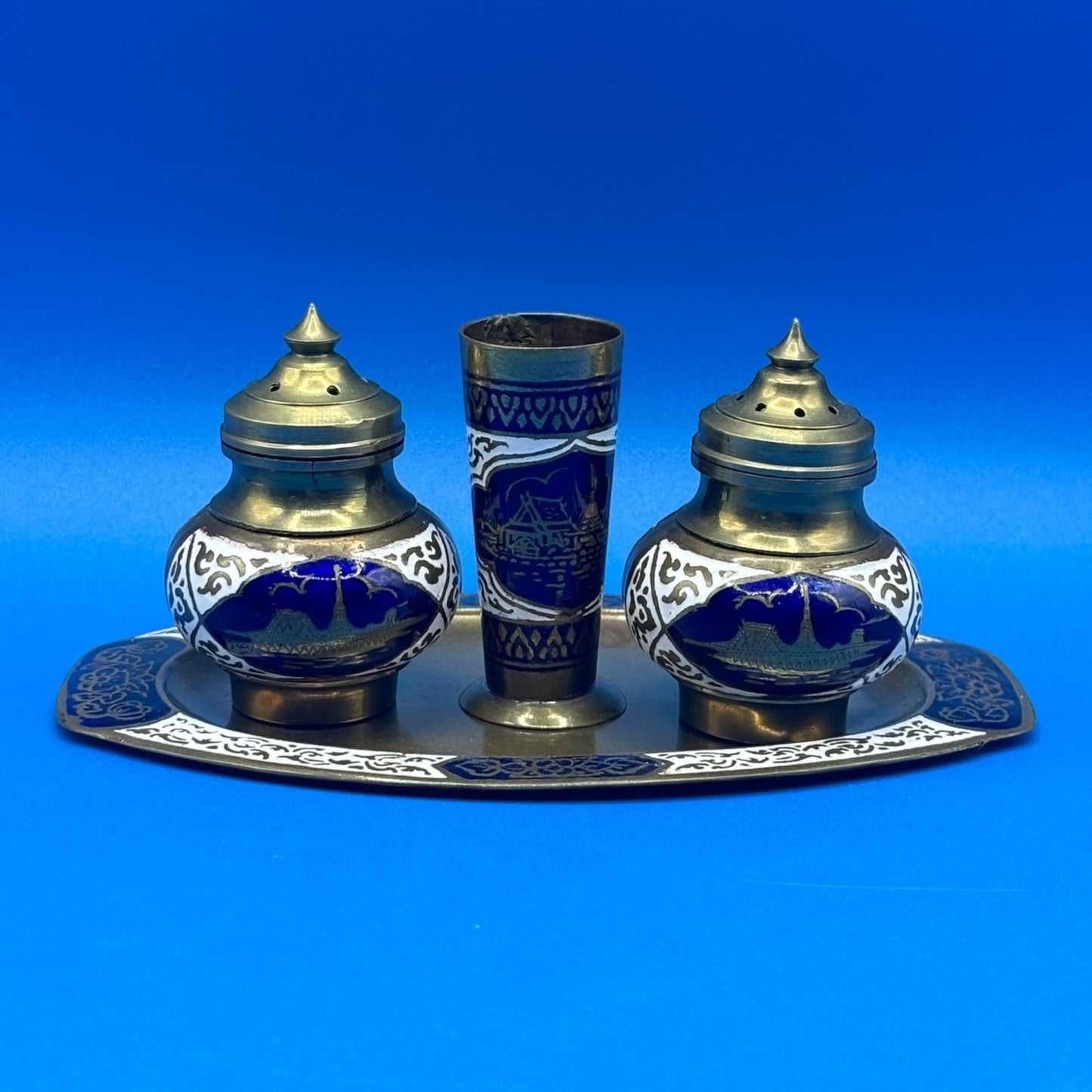 Vintage Asian Brass Salt & Pepper Shaker Set with Toothpick Holder & Tray