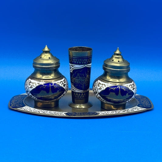 Vintage Asian Brass Salt & Pepper Shaker Set with Toothpick Holder & Tray