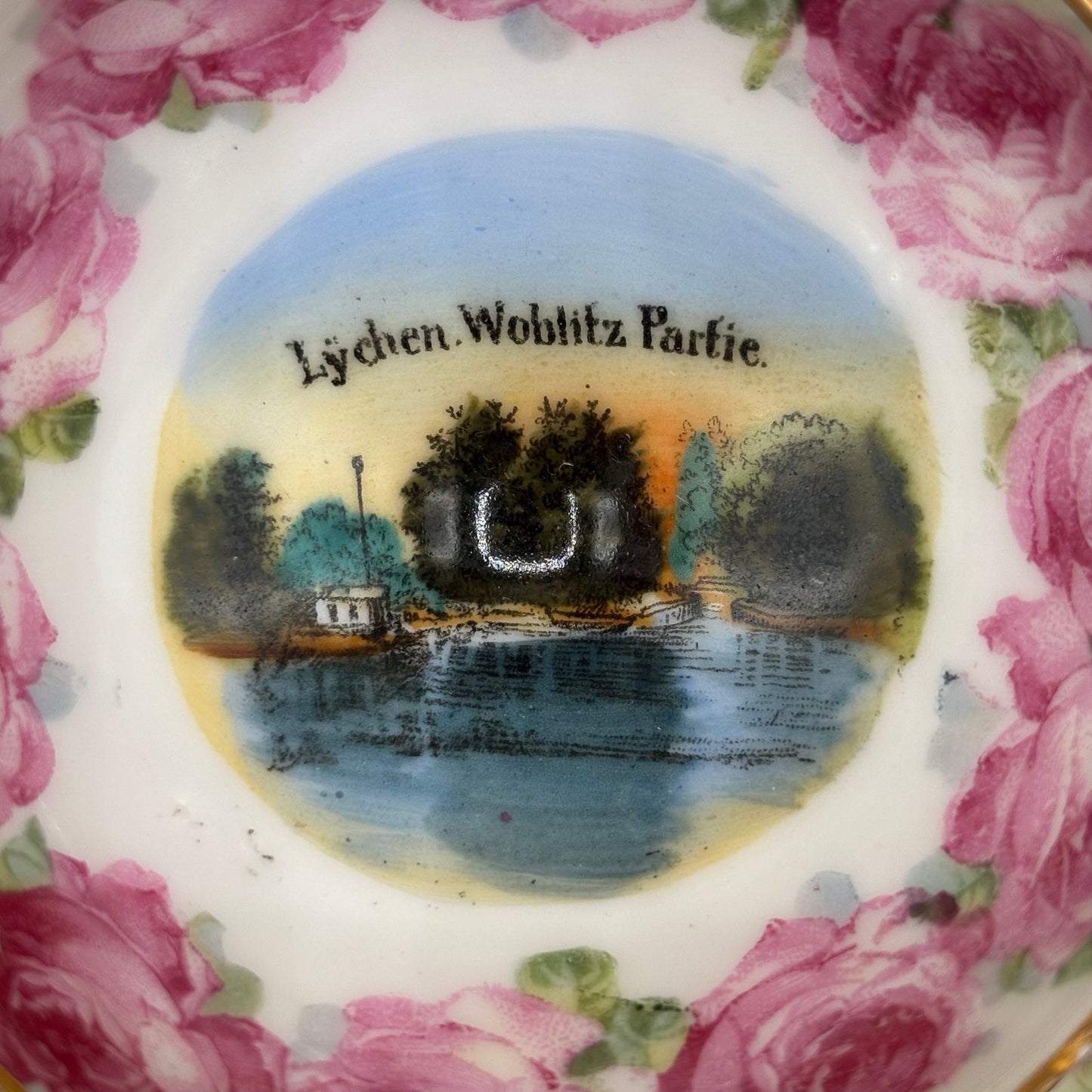 Vintage "Lychen Wohlitz Partie" Souvenir Tea Cup & Saucer with Pink Roses