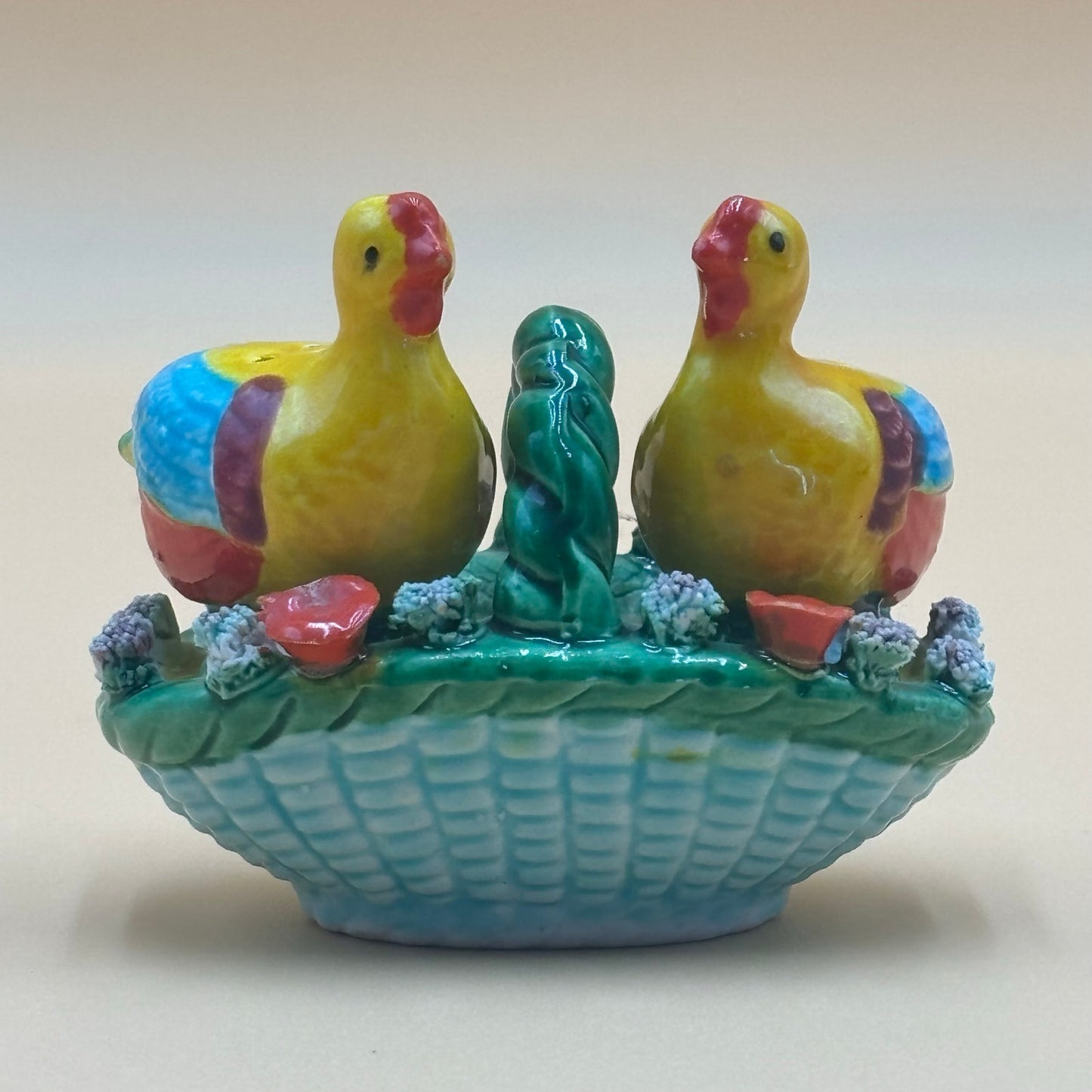 Vintage Miniature Ceramic Chicken Salt & Pepper Shakers in Basket