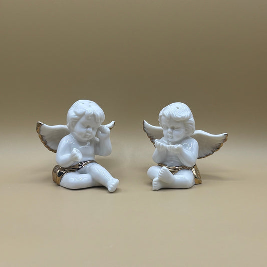 Ceramic Angel Cherub Salt & Pepper Shakers - White with Gold Accent