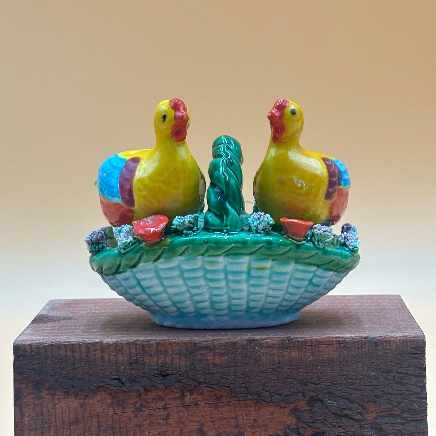 Vintage Miniature Ceramic Chicken Salt & Pepper Shakers in Basket
