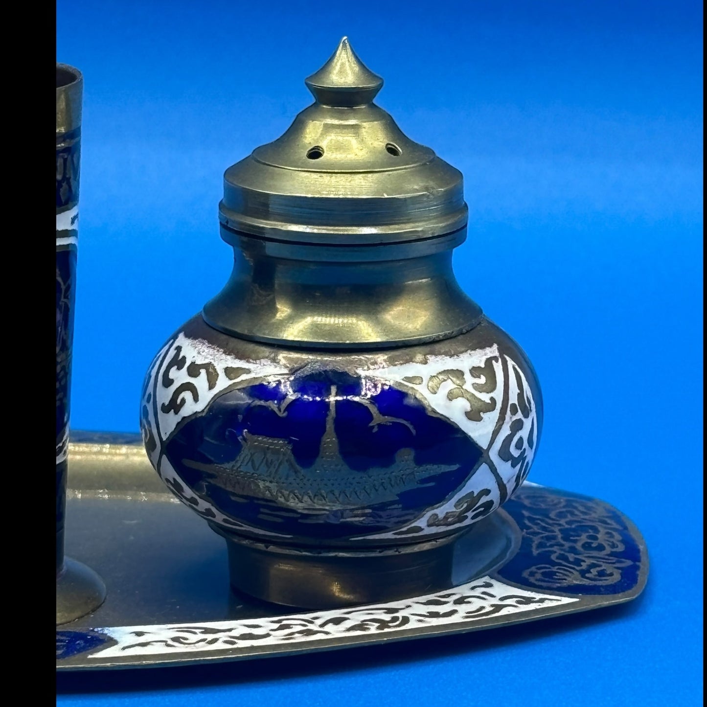 Vintage Asian Brass Salt & Pepper Shaker Set with Toothpick Holder & Tray