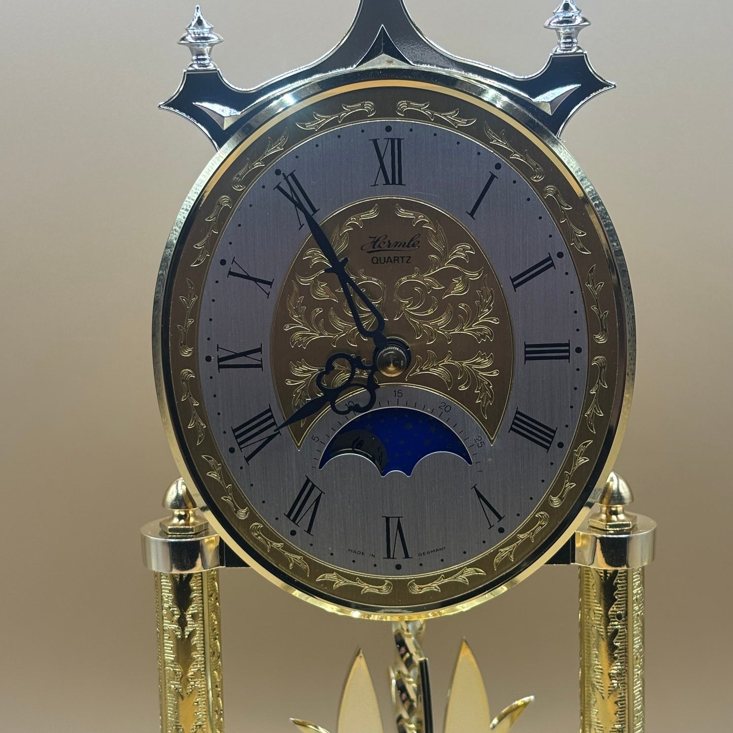 Franz Hermle Glass Dome VTG Concordia Quartz Clock Moon Phase Made in Germany