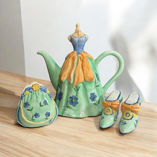 Vintage Woman Tea Pot High Heal Salt and Pepper Shakers with Napkin Holder Set