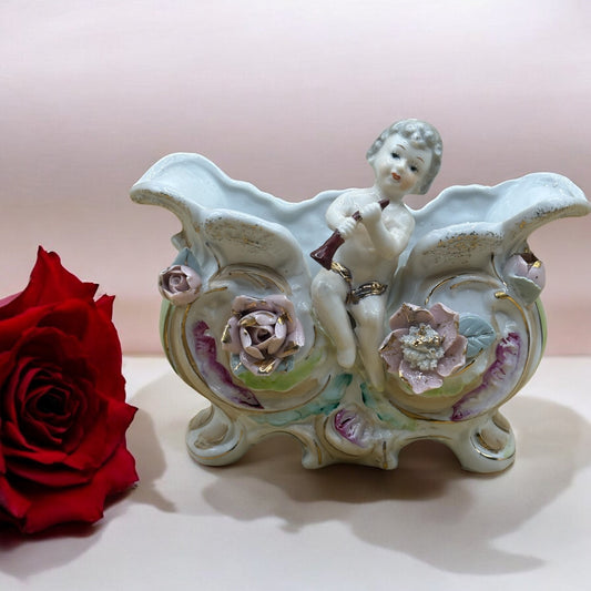 Victorian Cherub Porcelain Planter with Roses