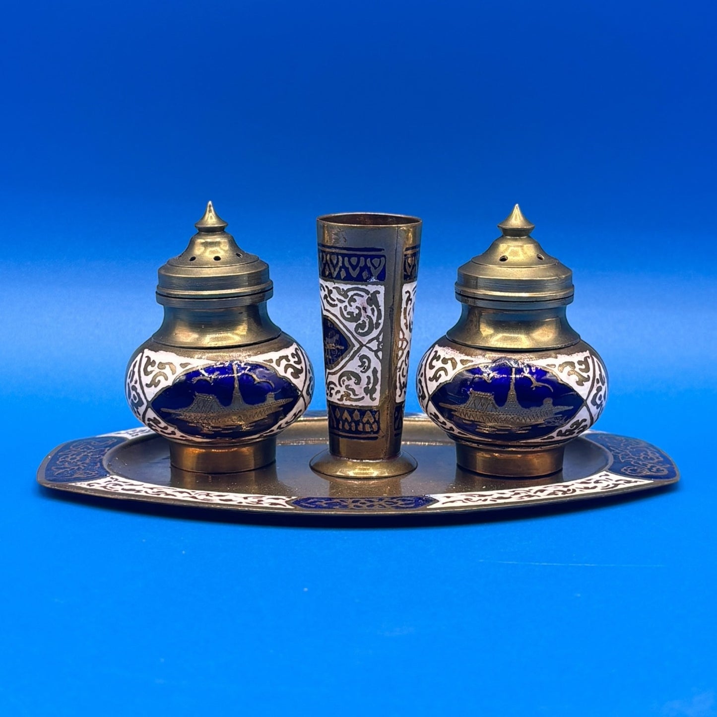 Vintage Asian Brass Salt & Pepper Shaker Set with Toothpick Holder & Tray