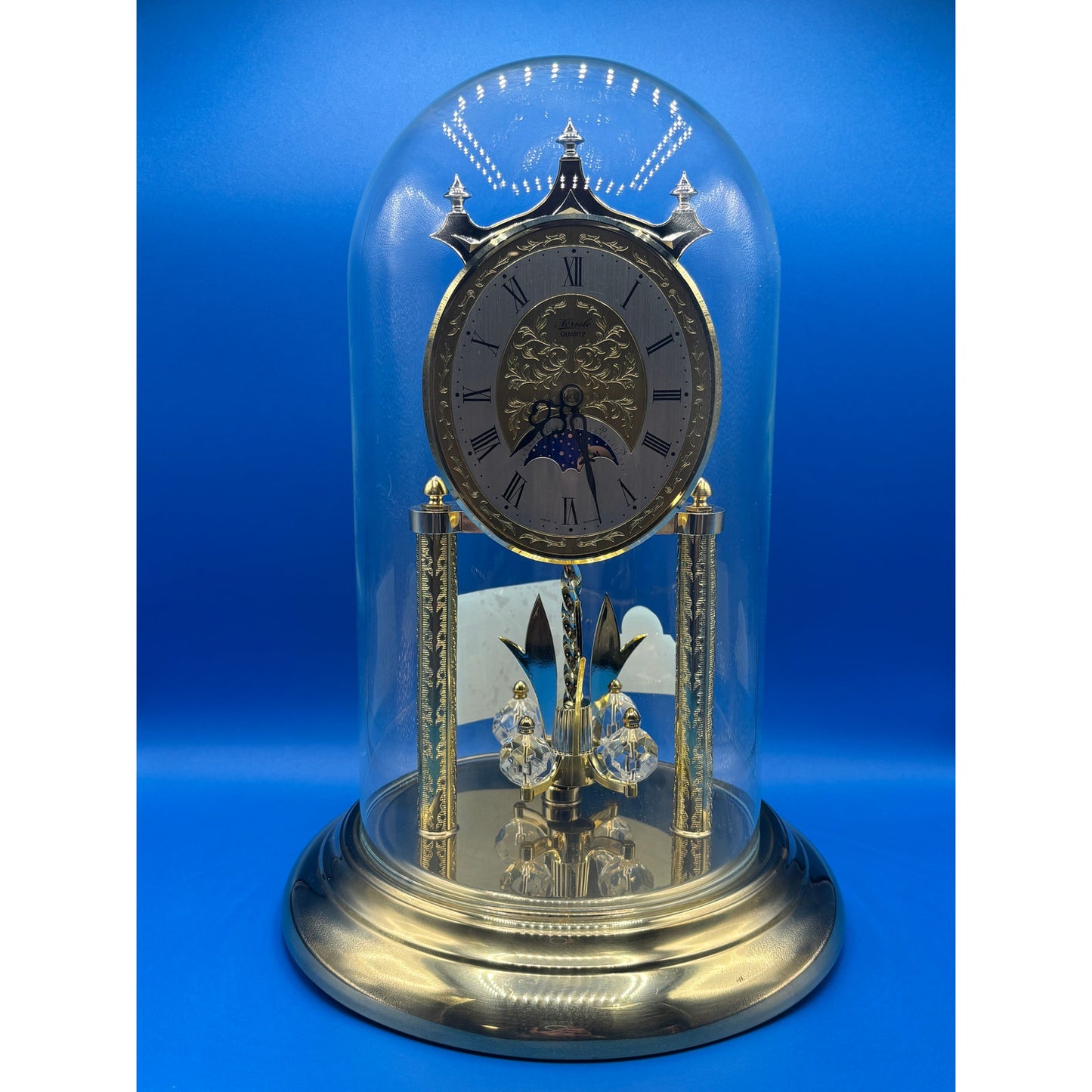 Franz Hermle Glass Dome VTG Concordia Quartz Clock Moon Phase Made in Germany