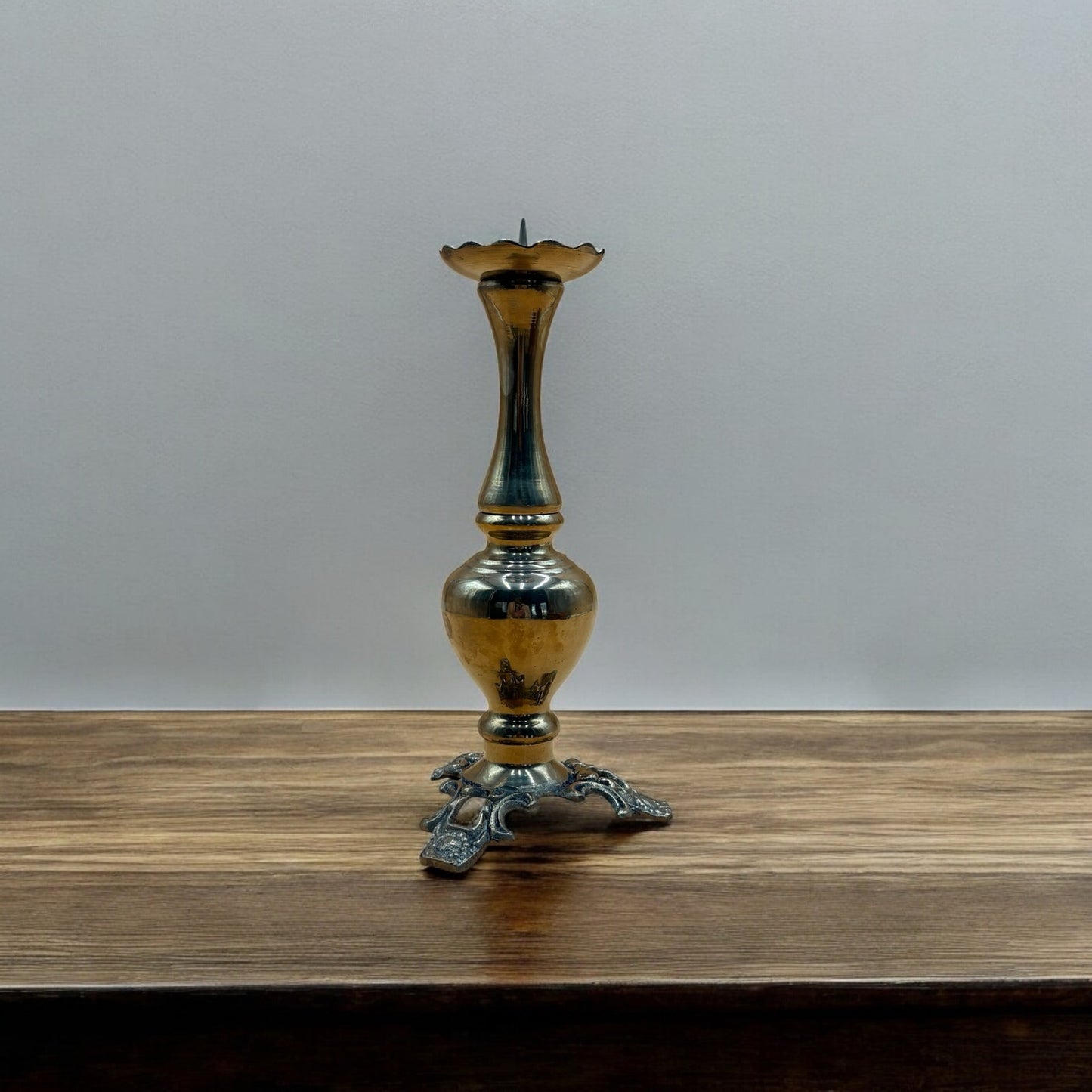Vintage Brass Ornate Spike Candlestick Holder 10"