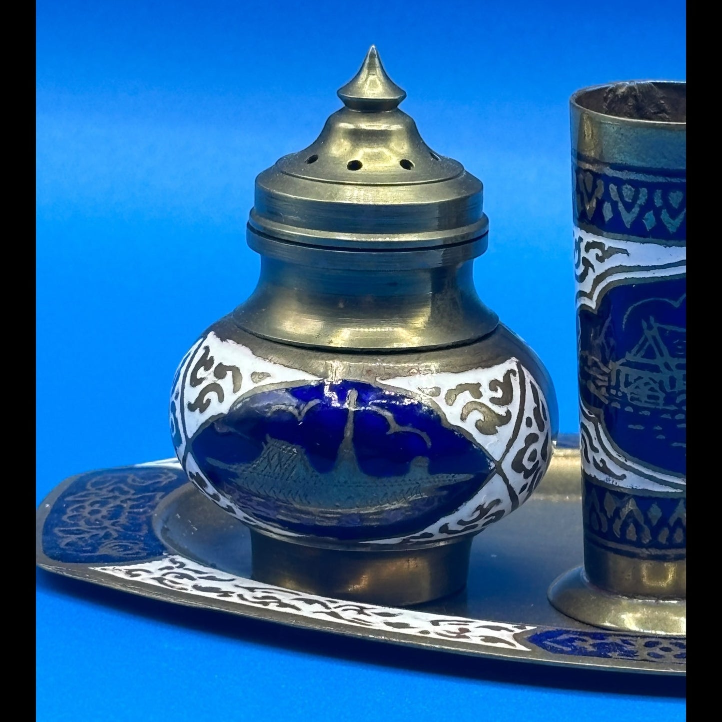 Vintage Asian Brass Salt & Pepper Shaker Set with Toothpick Holder & Tray