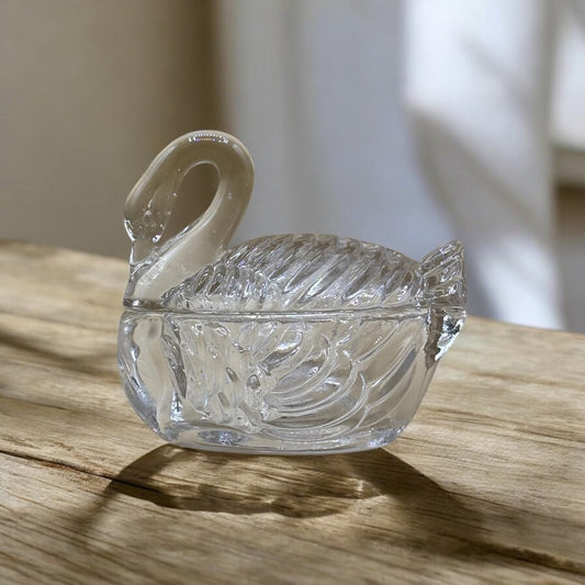 Crystal Swan Trinket Dish with Lid - Clear Glass Box
