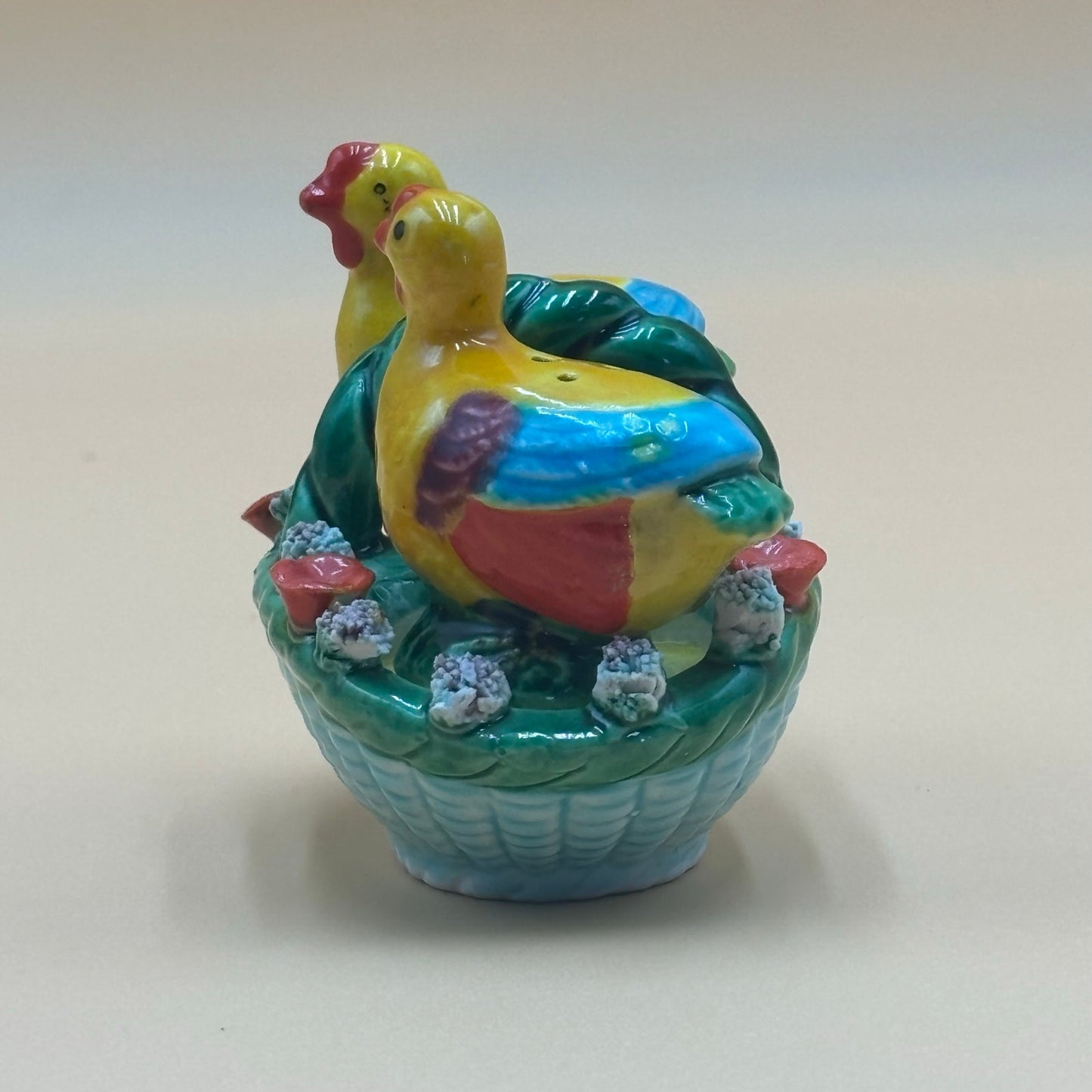 Vintage Miniature Ceramic Chicken Salt & Pepper Shakers in Basket