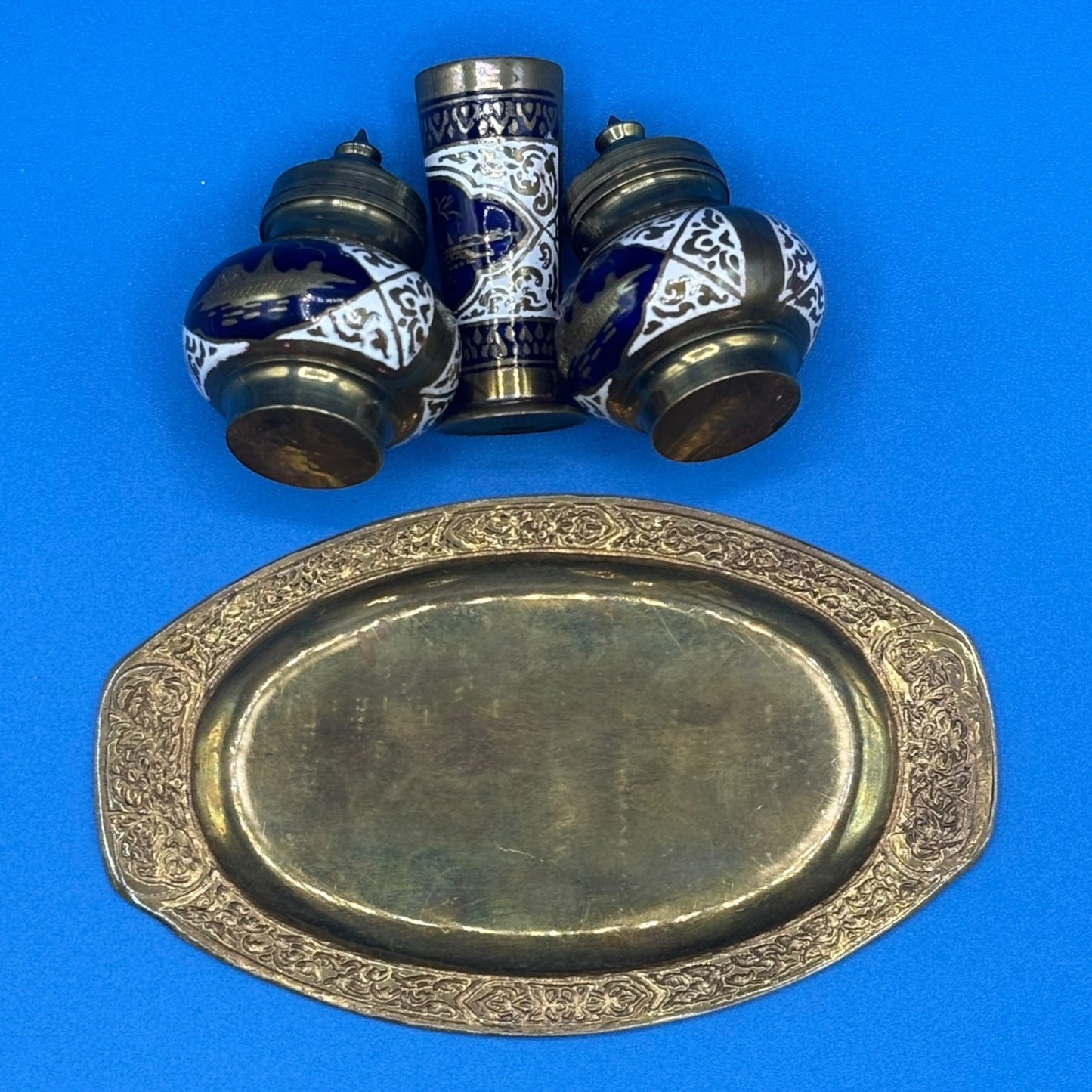 Vintage Asian Brass Salt & Pepper Shaker Set with Toothpick Holder & Tray