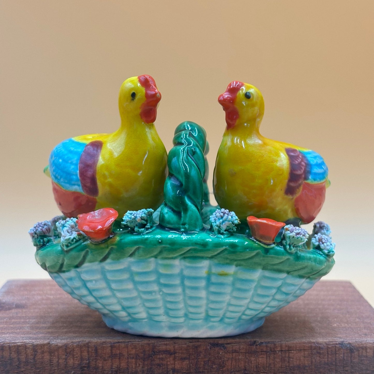 Vintage Miniature Ceramic Chicken Salt & Pepper Shakers in Basket