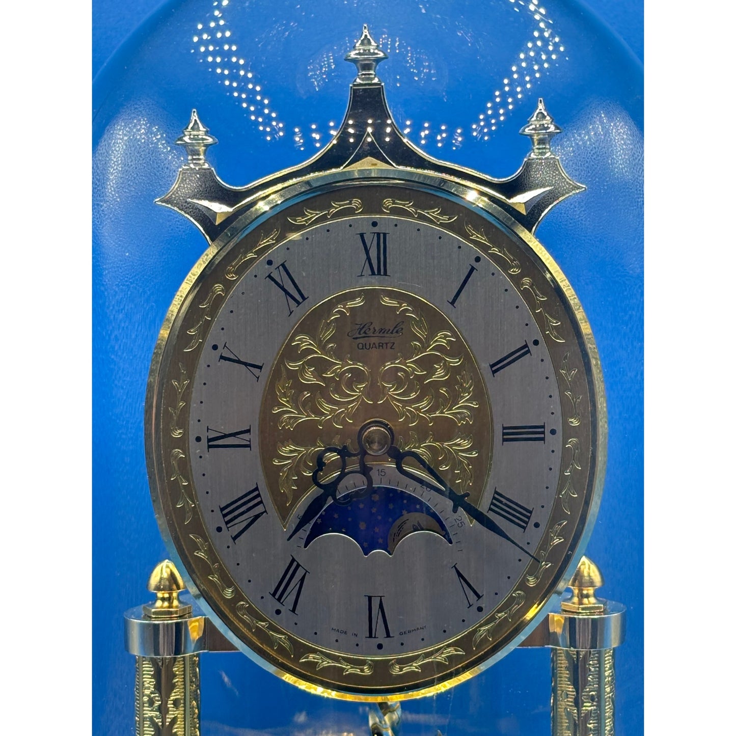 Franz Hermle Glass Dome VTG Concordia Quartz Clock Moon Phase Made in Germany
