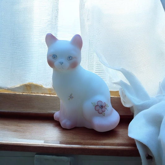 Vintage Fenton Satin Glass Cat Figurine – Hand-Painted & Signed by Artist