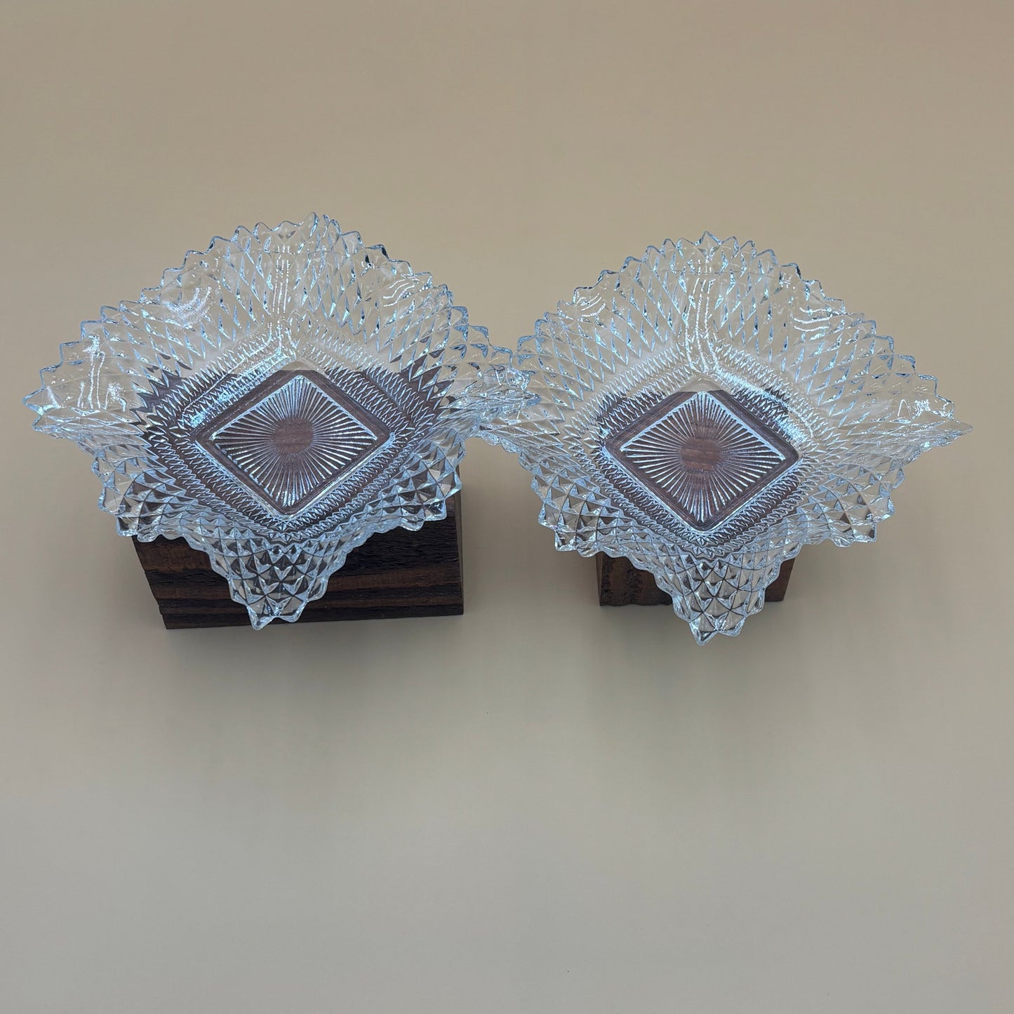 Vintage Diamond Cut Ruffled Edge Clear Glass Candy Dishes - Set of 2