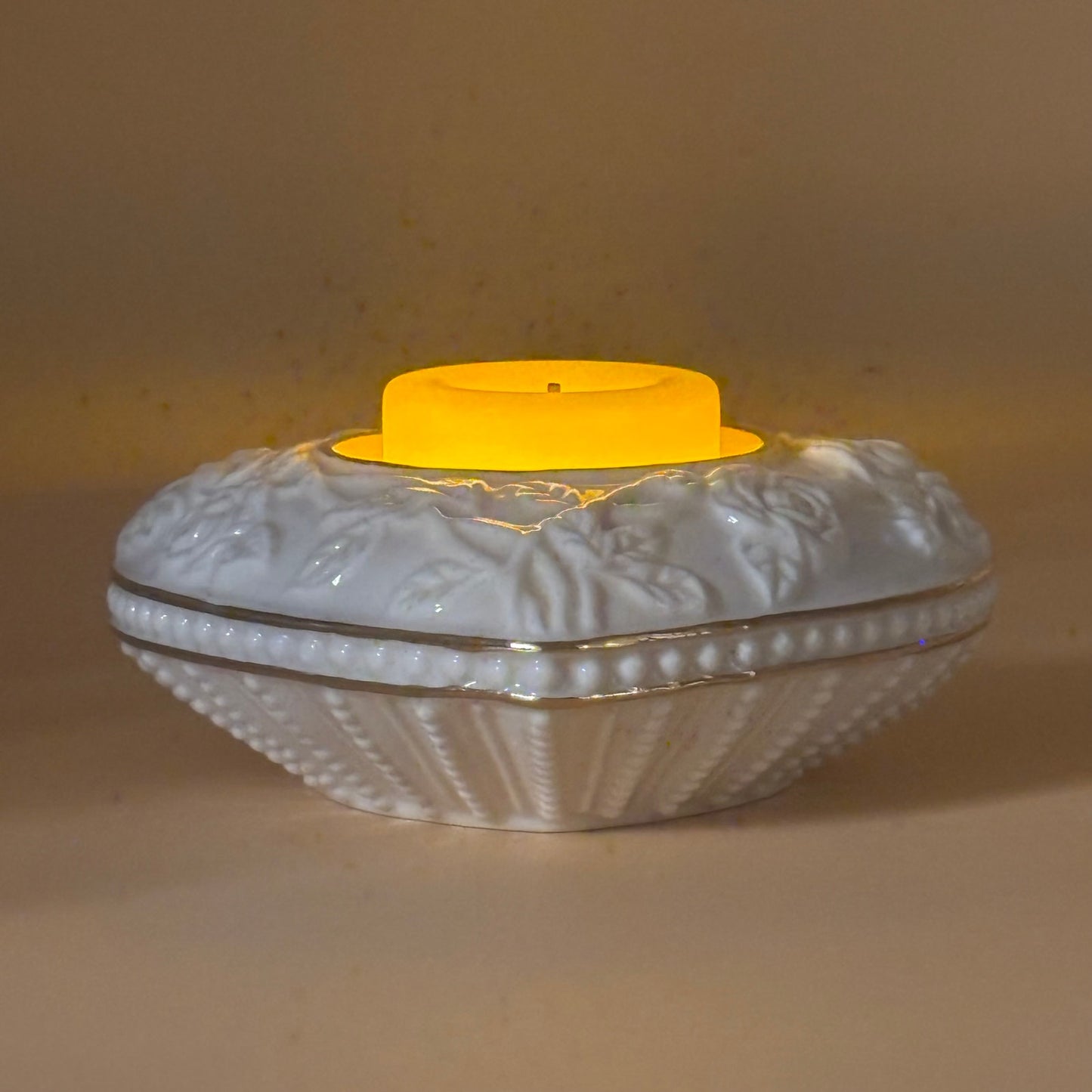 1980s Lenox Porcelain Ivory Heart Votive Candle Holder