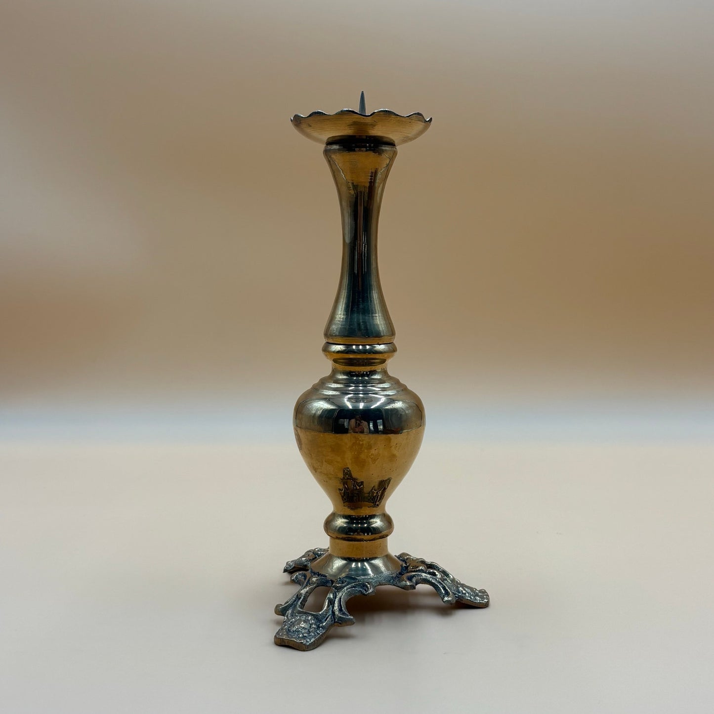Vintage Brass Ornate Spike Candlestick Holder 10"