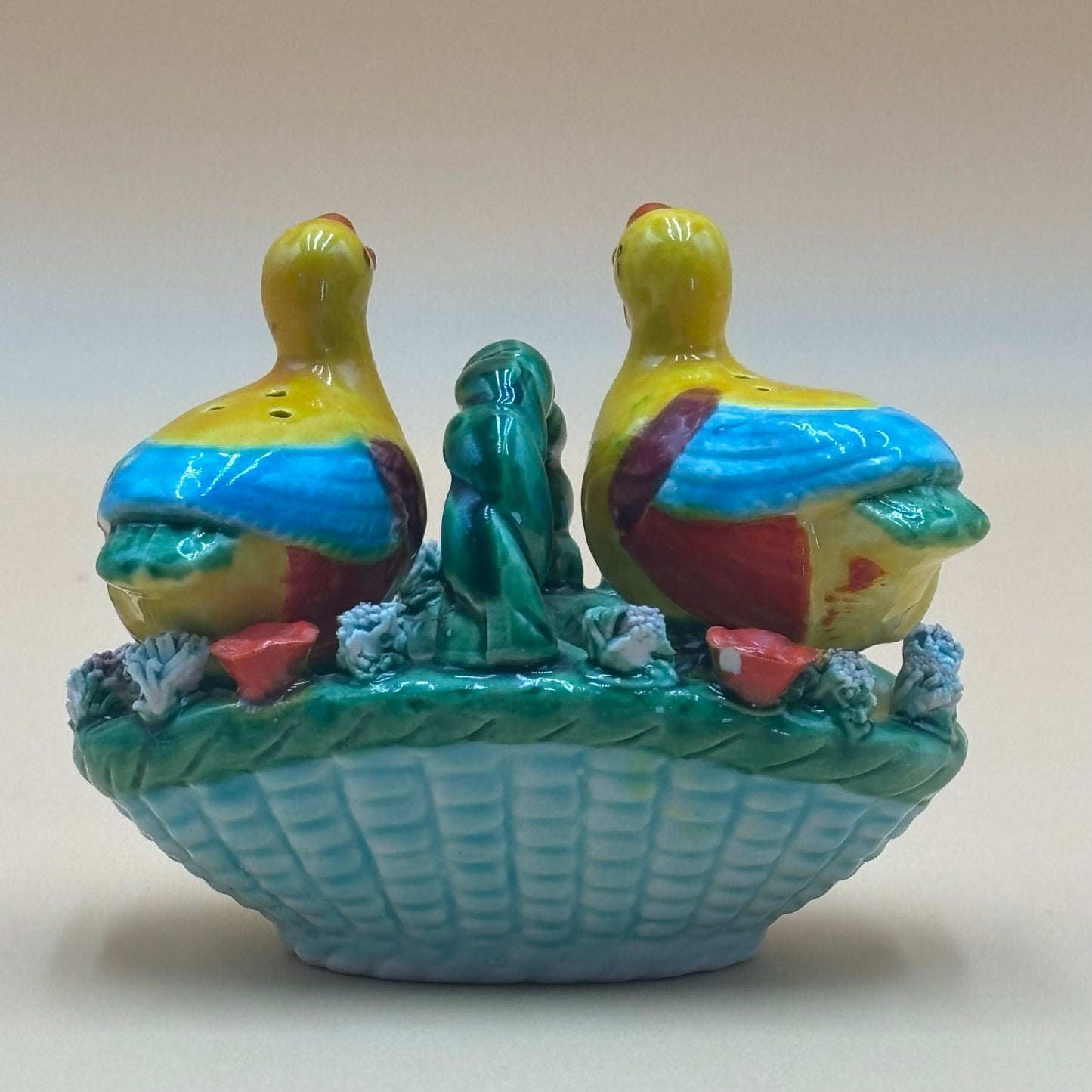 Vintage Miniature Ceramic Chicken Salt & Pepper Shakers in Basket