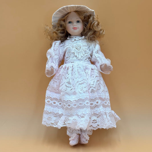 Vintage Jointed All Porcelain 9" Doll in Pale Pink & White Lace Dress