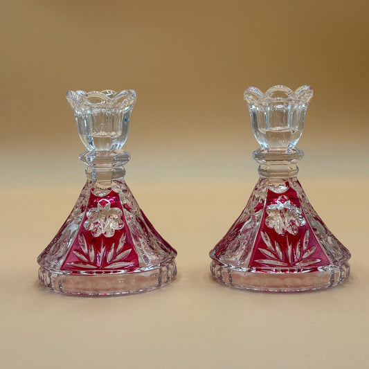 VTG Crystal Taper Candleholders - Ruby Red Cut Glass - Set of 2