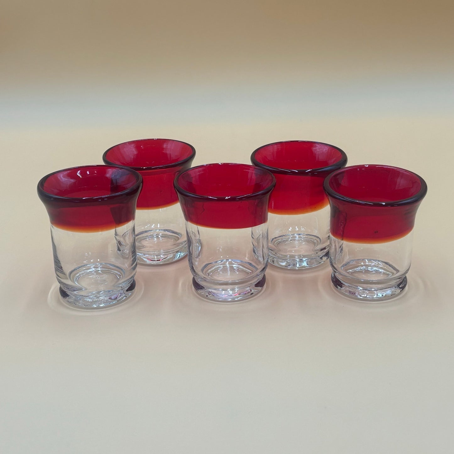 Set of 5 Hand Blown Art Glass Candleholders - Ruby Red and Clear