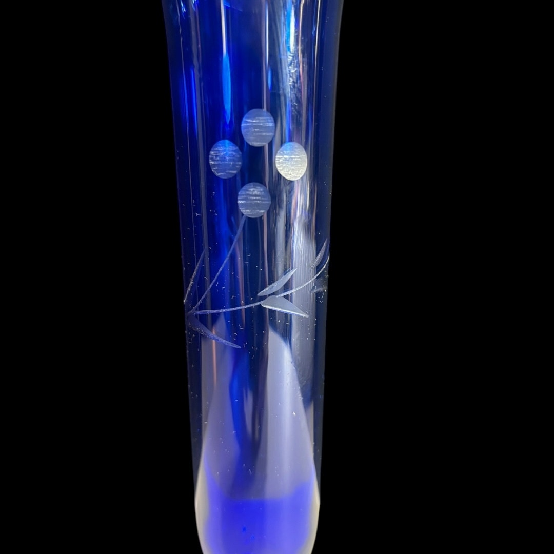 Vintage Cobalt Blue Bud Vase - Etched Berries & Leaves Design 8 In.