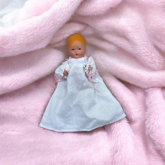 Vintage Strung Jointed 4" Composition Doll in White Gown K&H USA