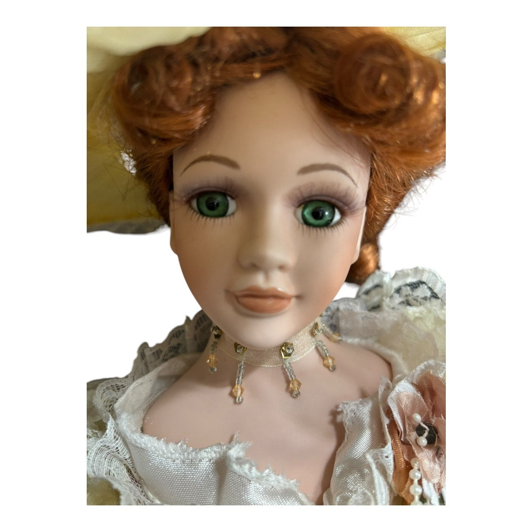📦 VTG Victorian Style 21" Porcelain Doll - Yellow Ball Gown with Parasol