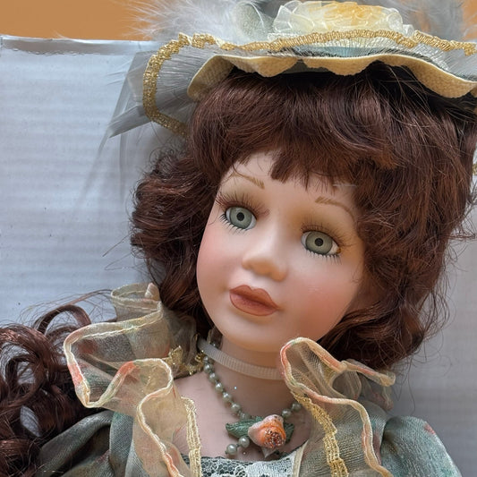 Vintage Porcelain Doll in Sage Green & Gold Dress 12"