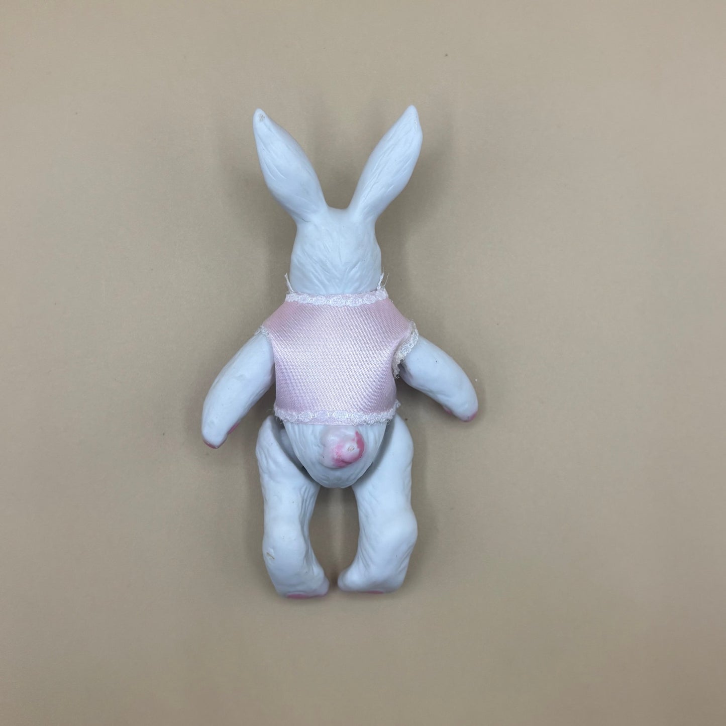 Vintage White Porcelain Jointed 4.5" Bunny Figurine with Pink Vest