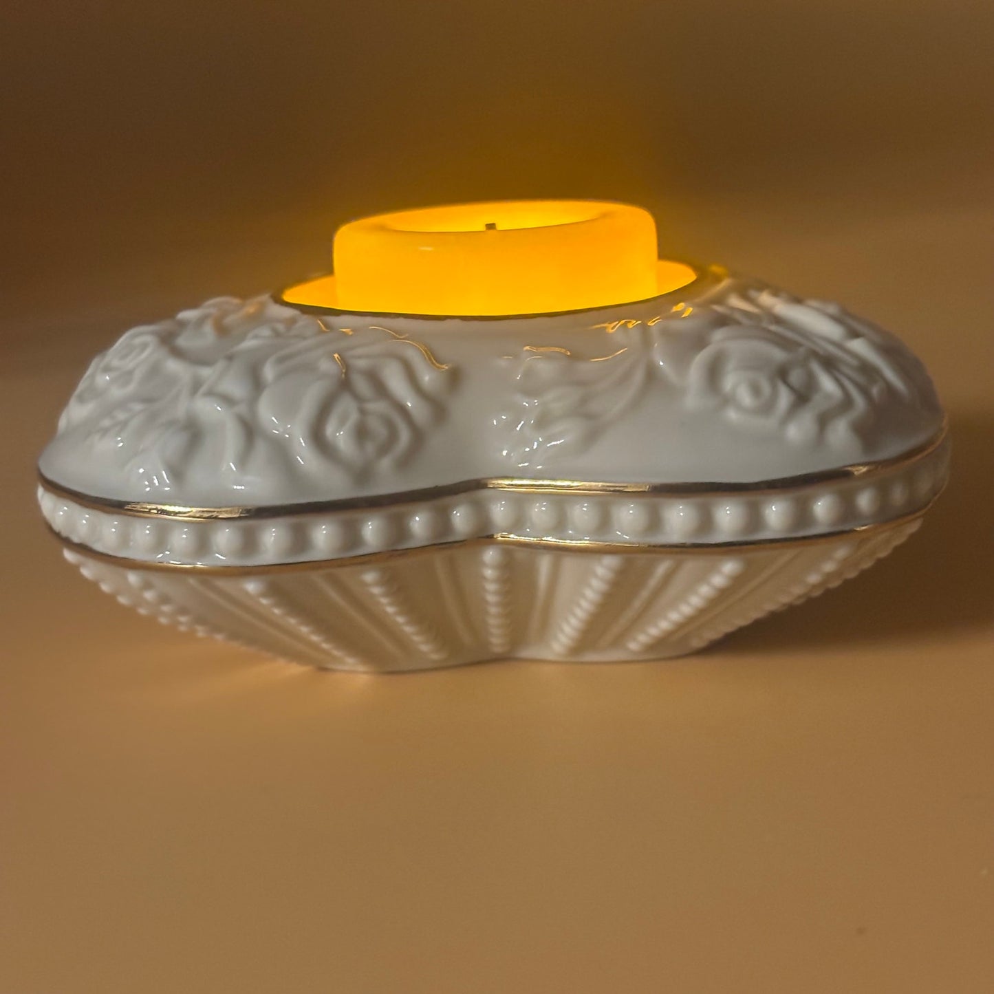 1980s Lenox Porcelain Ivory Heart Votive Candle Holder