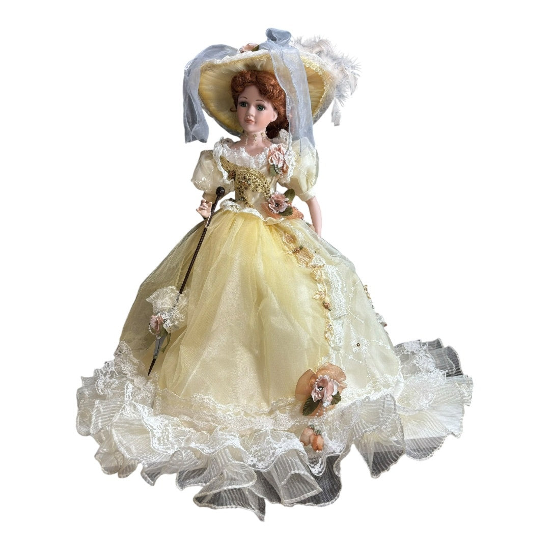 📦 VTG Victorian Style 21" Porcelain Doll - Yellow Ball Gown with Parasol