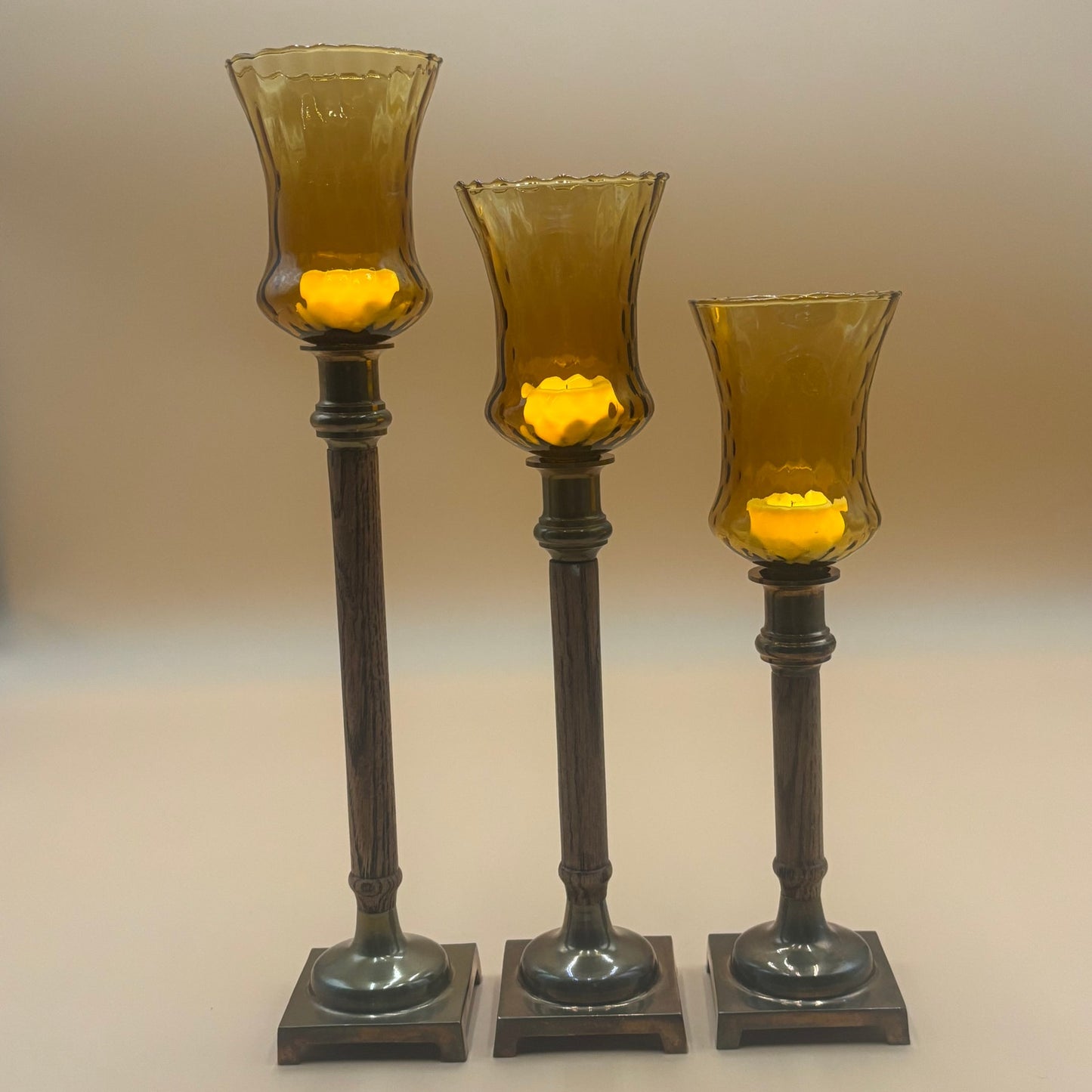 Vintage Amber Glass Honeycomb Staggering Votive Candle Holders - Set of 3